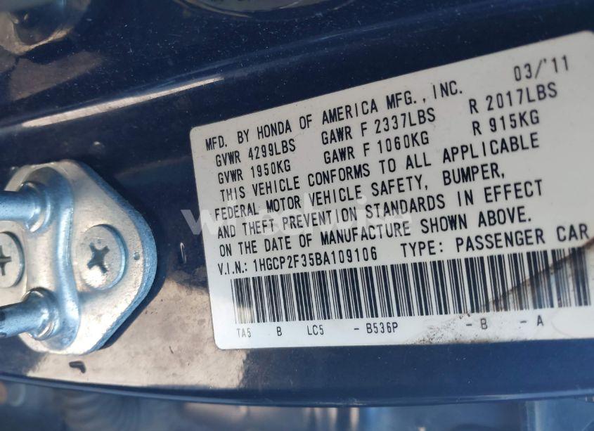 Photo 9 of 2011 Honda Accord 2.4 LX (VIN 1HGCP2F35BA109106)