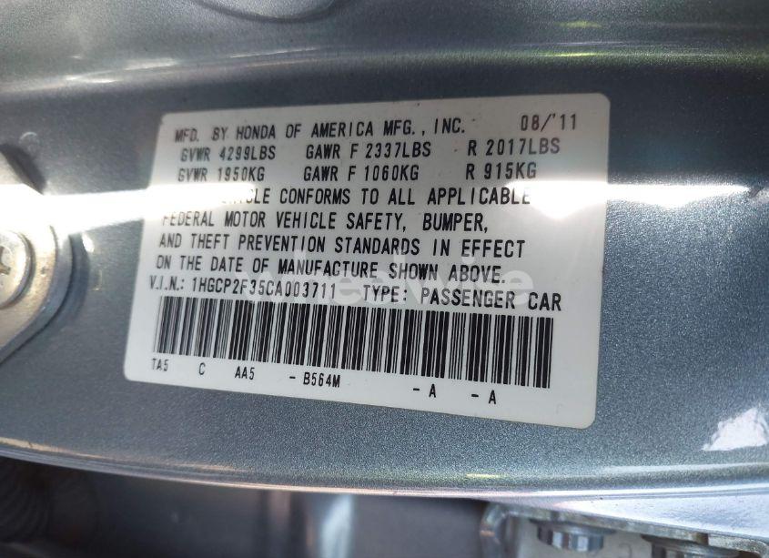 Photo 9 of 2012 Honda Accord 2.4 LX (VIN 1HGCP2F35CA003711)