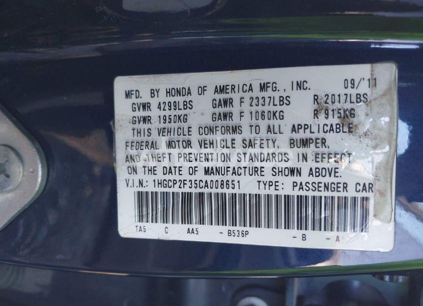 Photo 9 of 2012 Honda Accord 2.4 LX (VIN 1HGCP2F35CA008651)