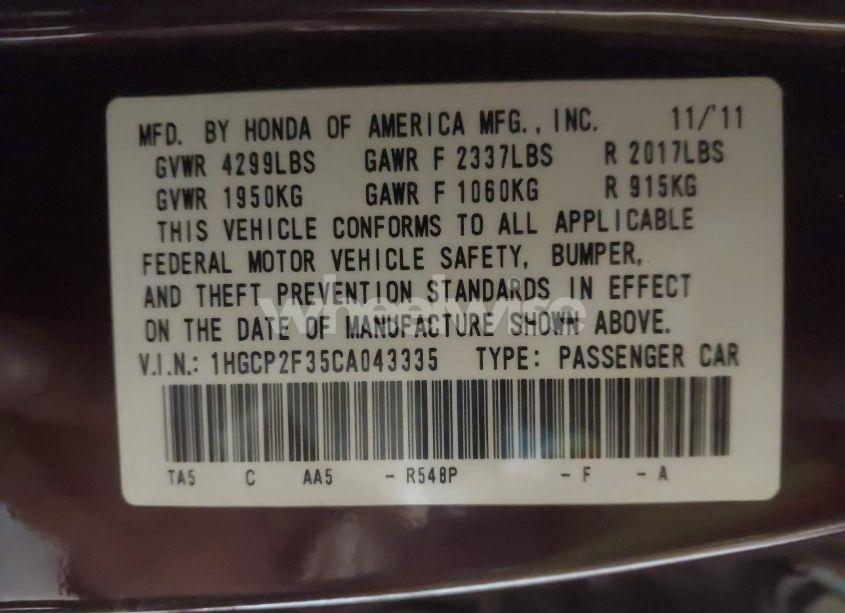 Photo 9 of 2012 Honda Accord 2.4 LX (VIN 1HGCP2F35CA043335)