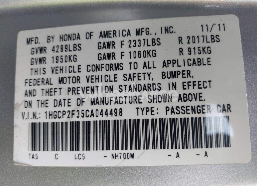 Photo 9 of 2012 Honda Accord 2.4 LX (VIN 1HGCP2F35CA044498)