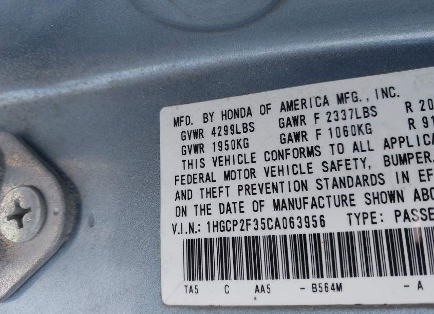Photo 9 of 2012 Honda Accord 2.4 LX (VIN 1HGCP2F35CA063956)