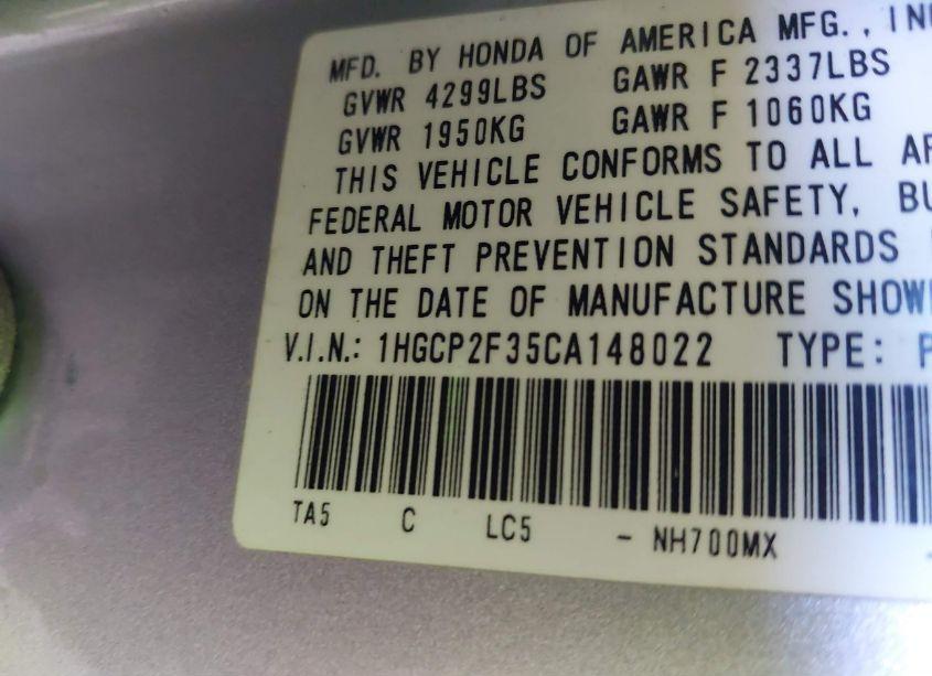 Photo 9 of 2012 Honda Accord 2.4 LX (VIN 1HGCP2F35CA148022)