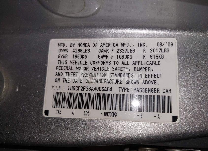 Photo 9 of 2010 Honda Accord 2.4 LX (VIN 1HGCP2F36AA006484)