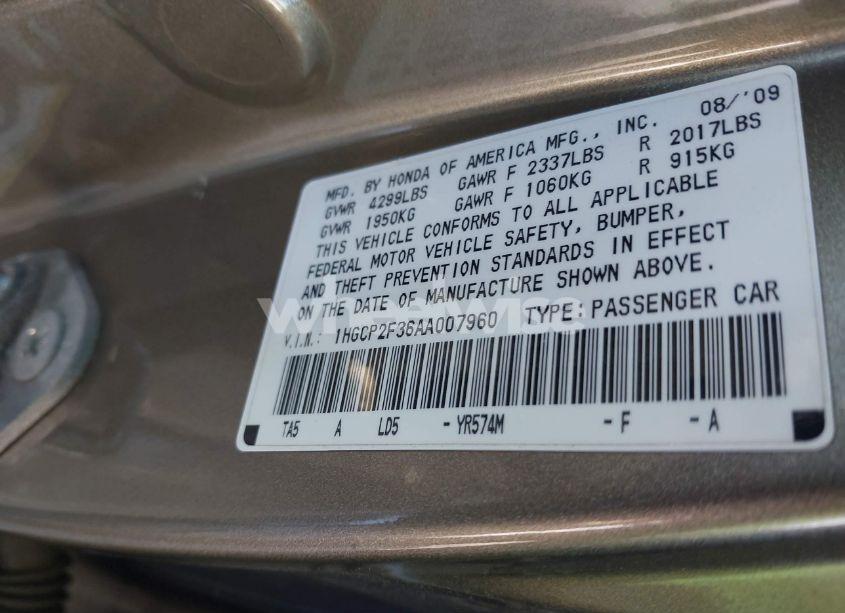 Photo 9 of 2010 Honda Accord 2.4 LX (VIN 1HGCP2F36AA007960)