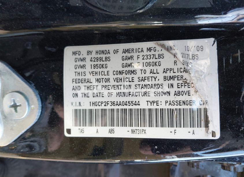 Photo 9 of 2010 Honda Accord 2.4 LX (VIN 1HGCP2F36AA045544)