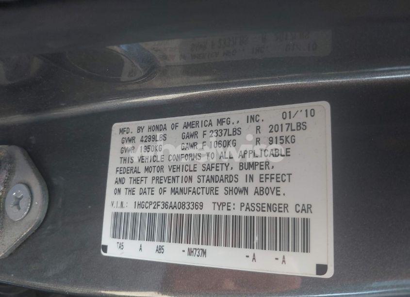 Photo 9 of 2010 Honda Accord 2.4 LX (VIN 1HGCP2F36AA083369)