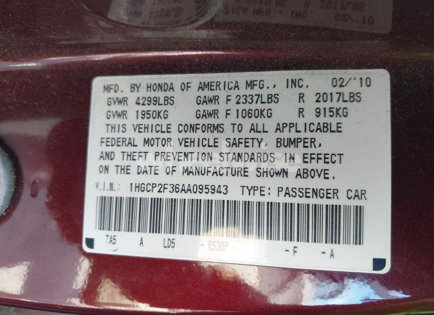 Photo 9 of 2010 Honda Accord 2.4 LX (VIN 1HGCP2F36AA095943)