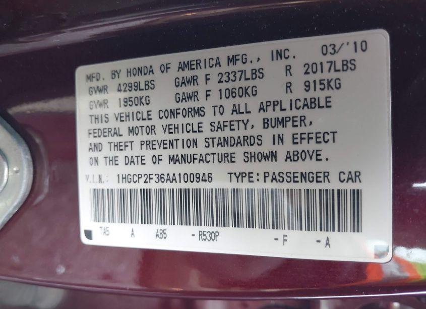 Photo 9 of 2010 Honda Accord 2.4 LX (VIN 1HGCP2F36AA100946)