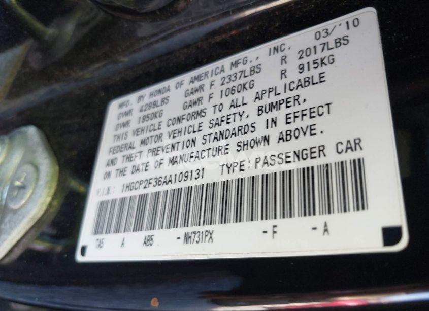 Photo 9 of 2010 Honda Accord 2.4 LX (VIN 1HGCP2F36AA109131)
