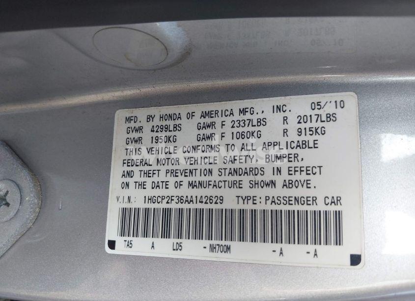 Photo 9 of 2010 Honda Accord 2.4 LX (VIN 1HGCP2F36AA142629)