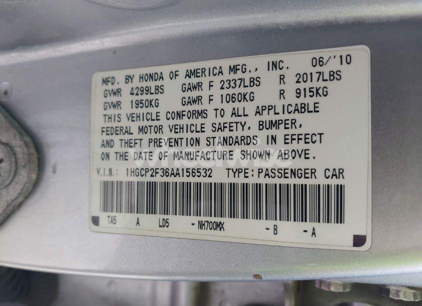 Photo 9 of 2010 Honda Accord 2.4 LX (VIN 1HGCP2F36AA156532)