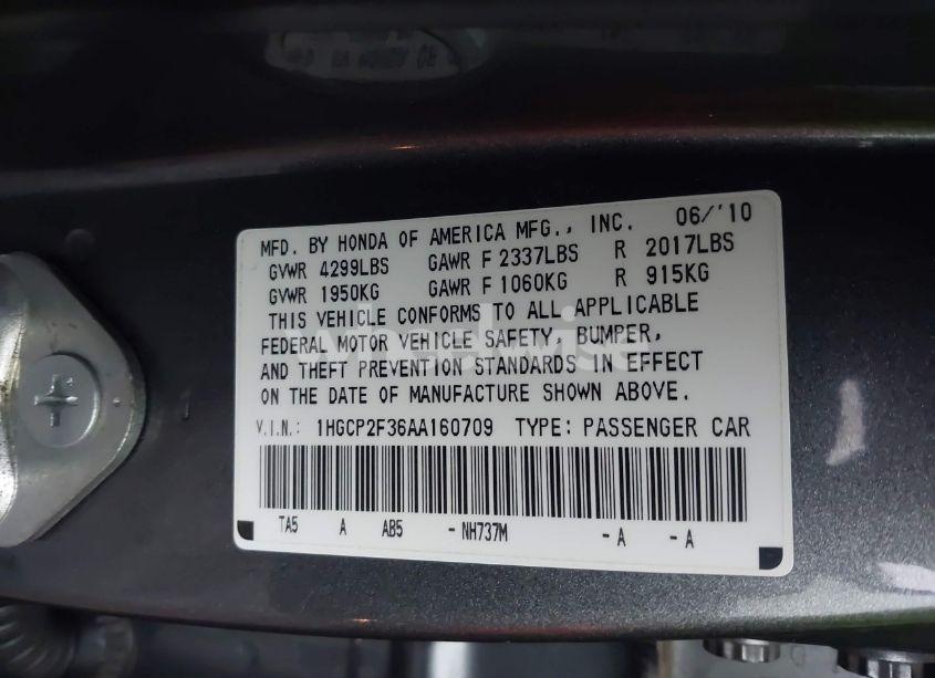 Photo 9 of 2010 Honda Accord 2.4 LX (VIN 1HGCP2F36AA160709)