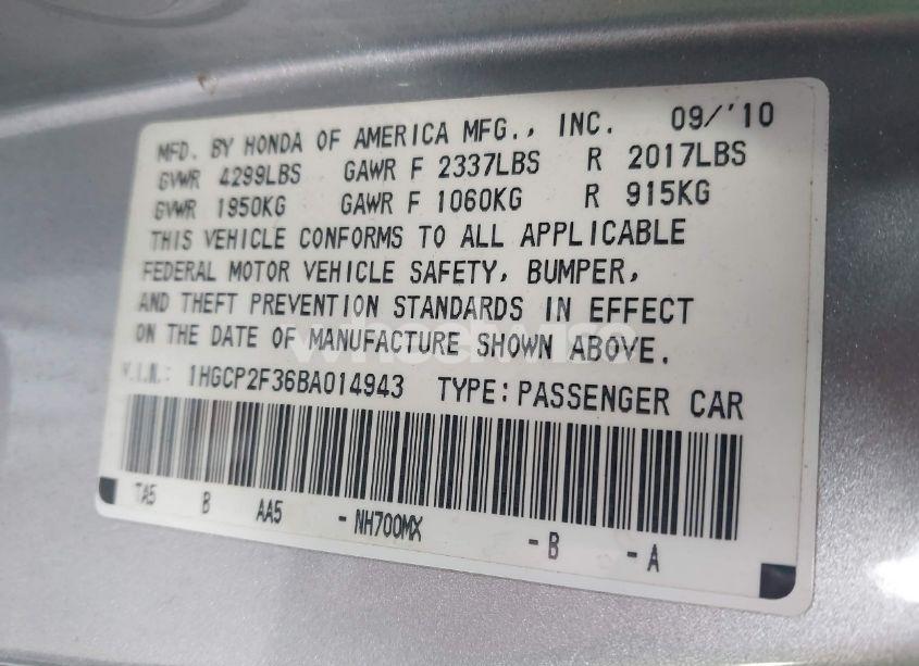 Photo 9 of 2011 Honda Accord 2.4 LX (VIN 1HGCP2F36BA014943)