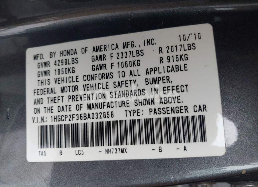 Photo 9 of 2011 Honda Accord 2.4 LX (VIN 1HGCP2F36BA032858)