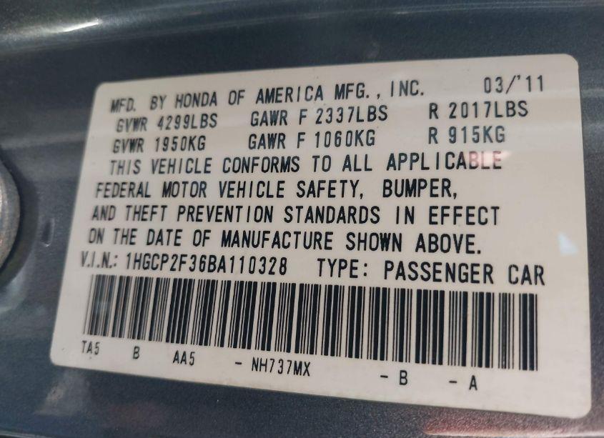 Photo 9 of 2011 Honda Accord 2.4 LX (VIN 1HGCP2F36BA110328)