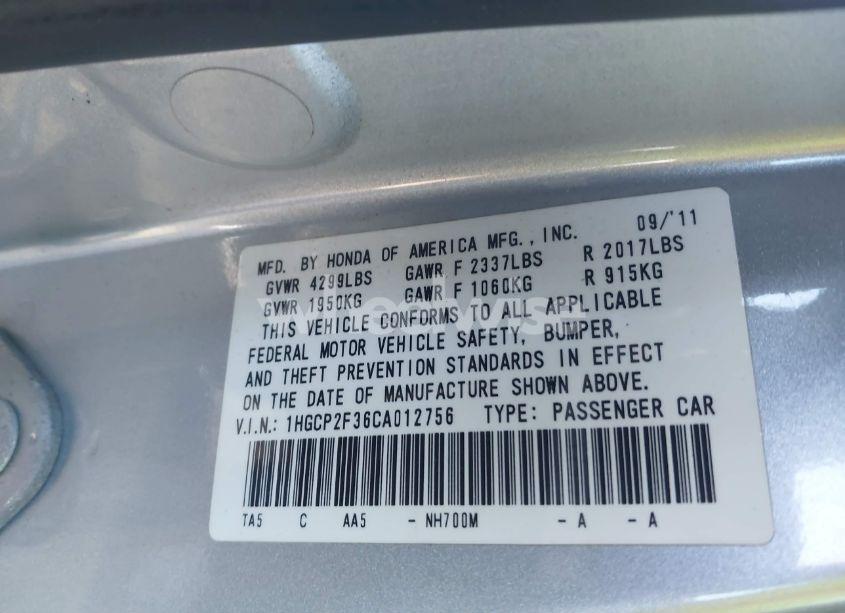 Photo 9 of 2012 Honda Accord 2.4 LX (VIN 1HGCP2F36CA012756)