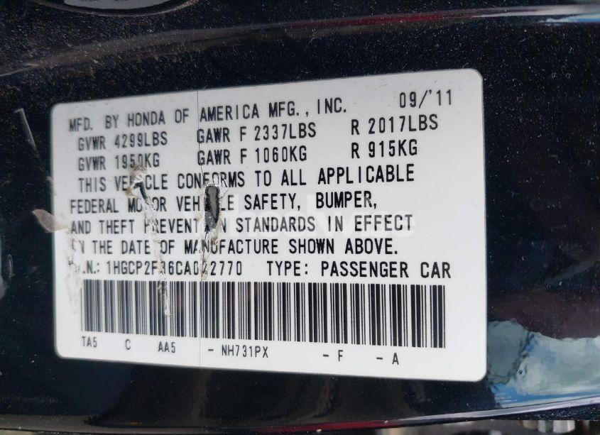 Photo 9 of 2012 Honda Accord 2.4 LX (VIN 1HGCP2F36CA022770)