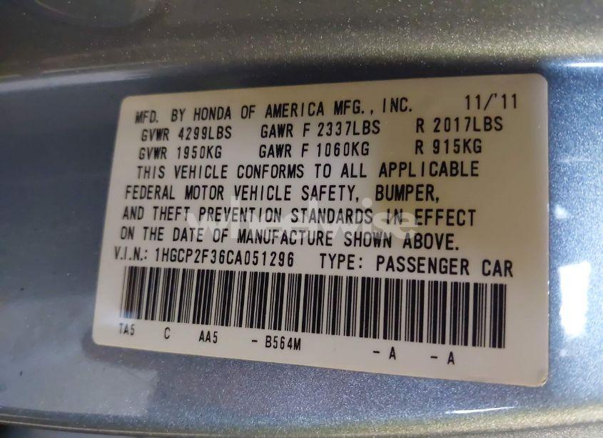 Photo 9 of 2012 Honda Accord 2.4 LX (VIN 1HGCP2F36CA051296)