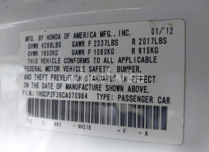 Photo 9 of 2012 Honda Accord 2.4 LX (VIN 1HGCP2F36CA070964)