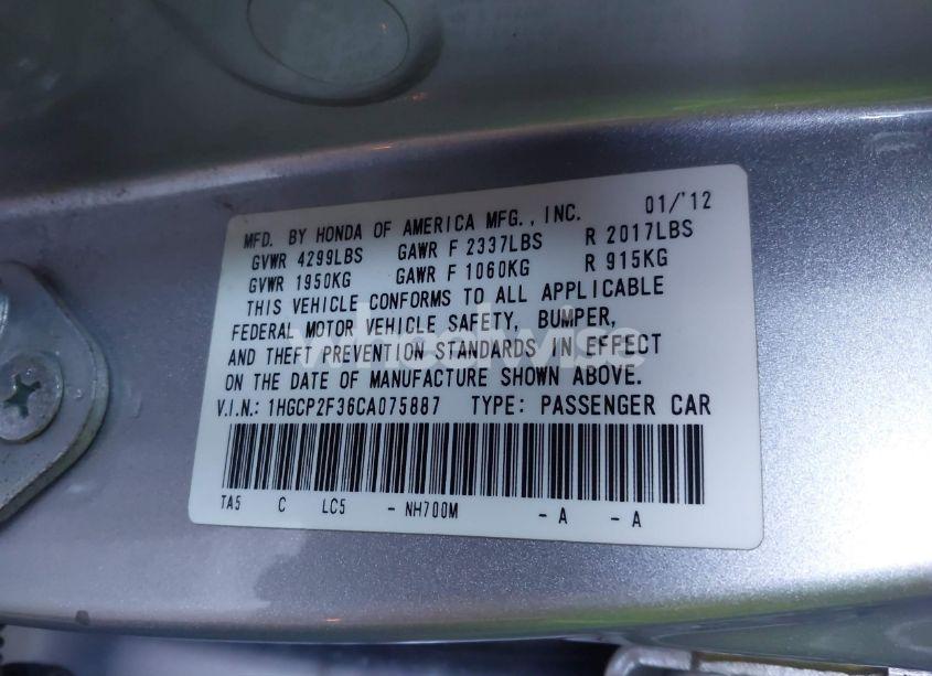 Photo 9 of 2012 Honda Accord 2.4 LX (VIN 1HGCP2F36CA075887)