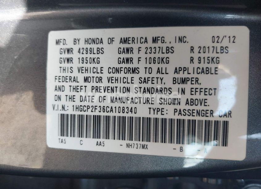 Photo 9 of 2012 Honda Accord 2.4 LX (VIN 1HGCP2F36CA108340)