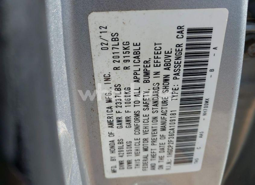 Photo 9 of 2012 Honda Accord 2.4 LX (VIN 1HGCP2F36CA109181)