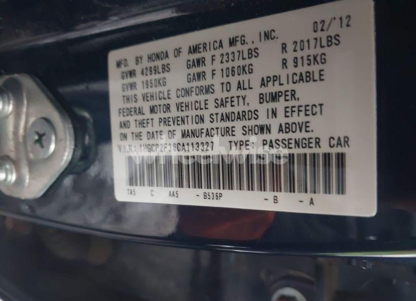 Photo 9 of 2012 Honda Accord 2.4 LX (VIN 1HGCP2F36CA113327)