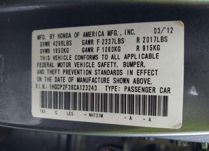 Photo 9 of 2012 Honda Accord 2.4 LX (VIN 1HGCP2F36CA123243)