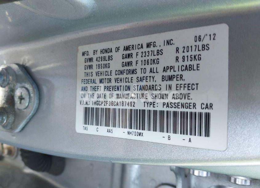 Photo 9 of 2012 Honda Accord 2.4 LX (VIN 1HGCP2F36CA187492)