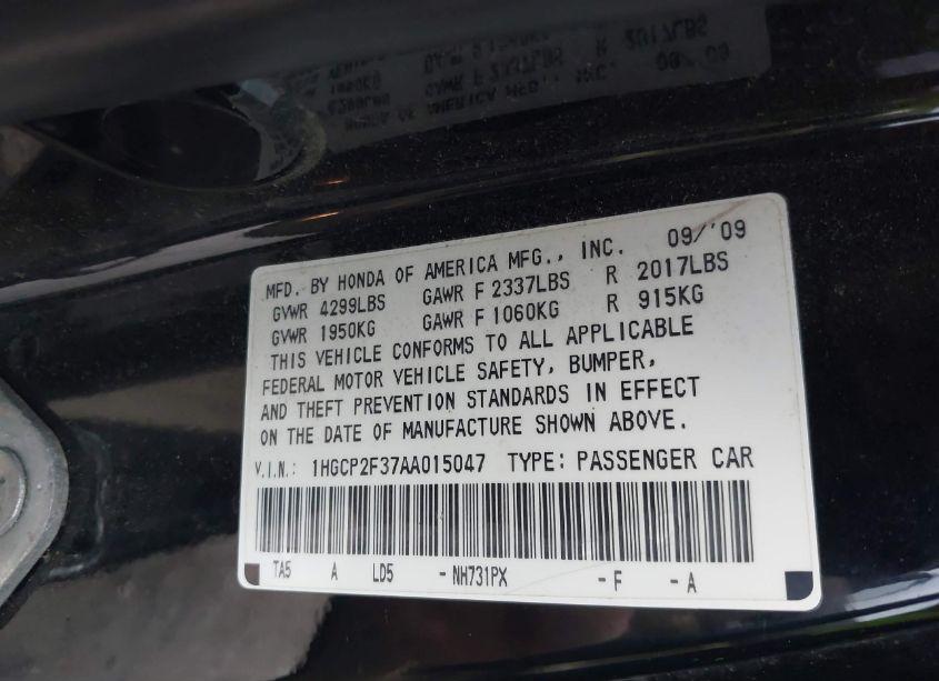 Photo 9 of 2010 Honda Accord 2.4 LX (VIN 1HGCP2F37AA015047)