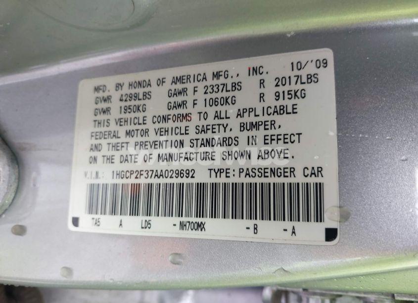 Photo 9 of 2010 Honda Accord 2.4 LX (VIN 1HGCP2F37AA029692)