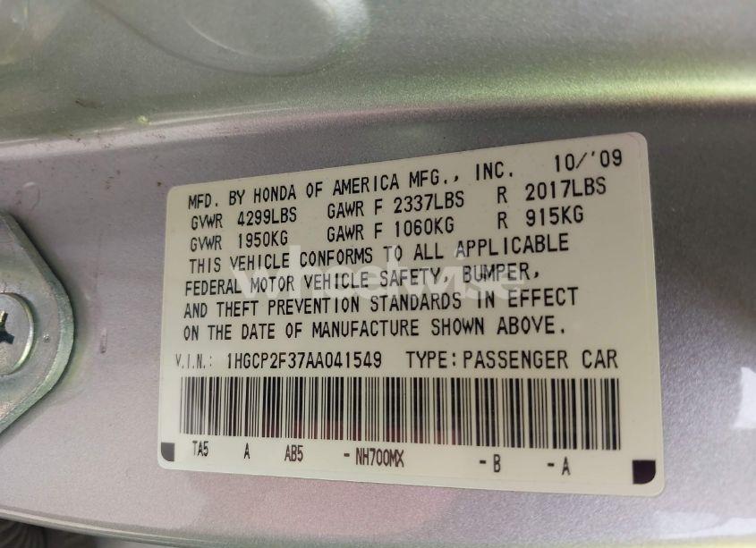 Photo 9 of 2010 Honda Accord 2.4 LX (VIN 1HGCP2F37AA041549)