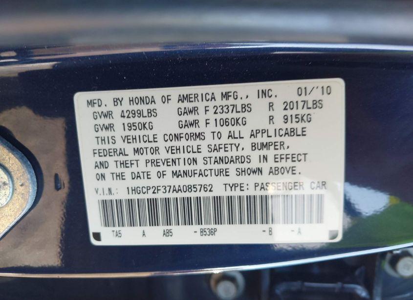 Photo 9 of 2010 Honda Accord 2.4 LX (VIN 1HGCP2F37AA085762)