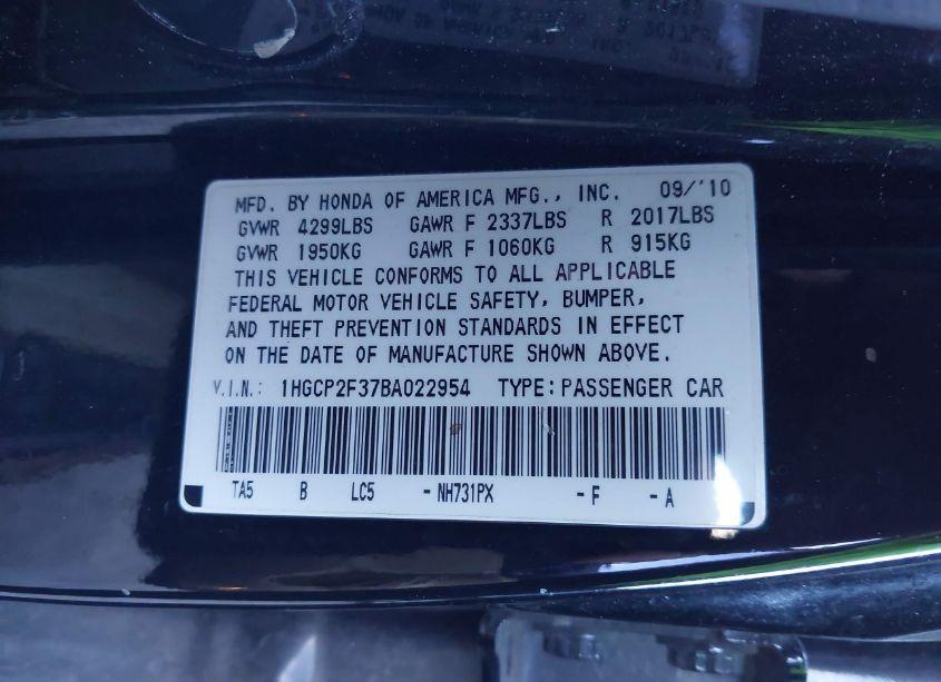 Photo 9 of 2011 Honda Accord 2.4 LX (VIN 1HGCP2F37BA022954)