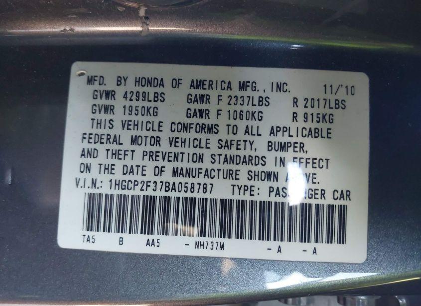 Photo 9 of 2011 Honda Accord 2.4 LX (VIN 1HGCP2F37BA058787)