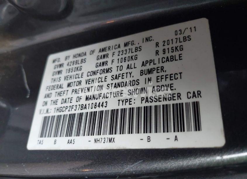 Photo 9 of 2011 Honda Accord 2.4 LX (VIN 1HGCP2F37BA108443)