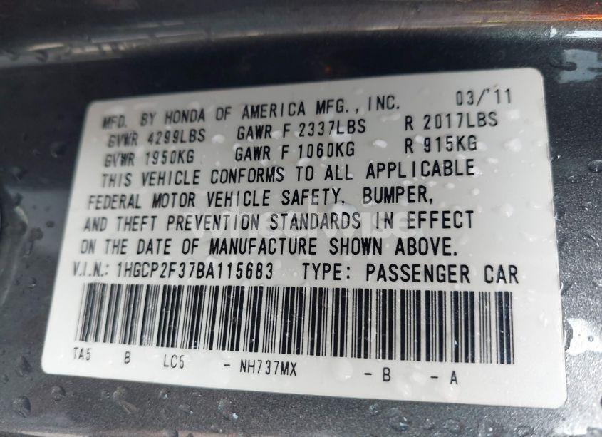 Photo 9 of 2011 Honda Accord 2.4 LX (VIN 1HGCP2F37BA115683)