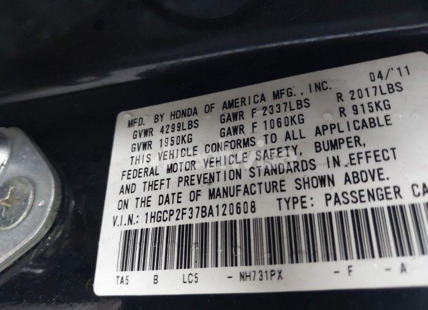 Photo 9 of 2011 Honda Accord 2.4 LX (VIN 1HGCP2F37BA120608)