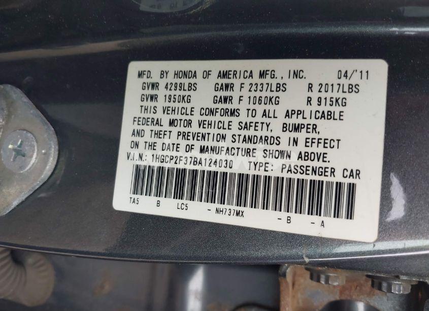 Photo 9 of 2011 Honda Accord 2.4 LX (VIN 1HGCP2F37BA124030)