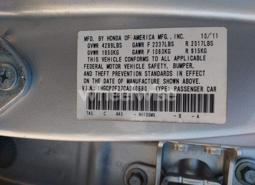 Photo 9 of 2012 Honda Accord 2.4 LX (VIN 1HGCP2F37CA040680)