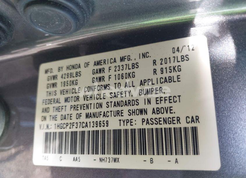 Photo 9 of 2012 Honda Accord 2.4 LX (VIN 1HGCP2F37CA139659)