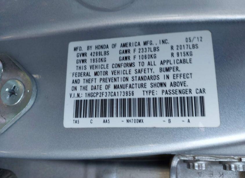 Photo 9 of 2012 Honda Accord 2.4 LX (VIN 1HGCP2F37CA173956)