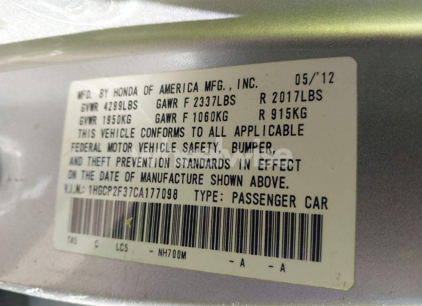 Photo 9 of 2012 Honda Accord 2.4 LX (VIN 1HGCP2F37CA177098)