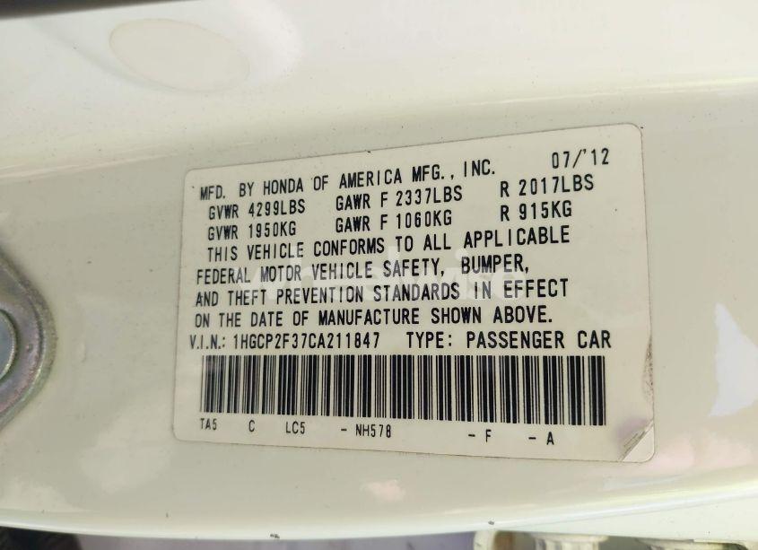 Photo 9 of 2012 Honda Accord 2.4 LX (VIN 1HGCP2F37CA211847)