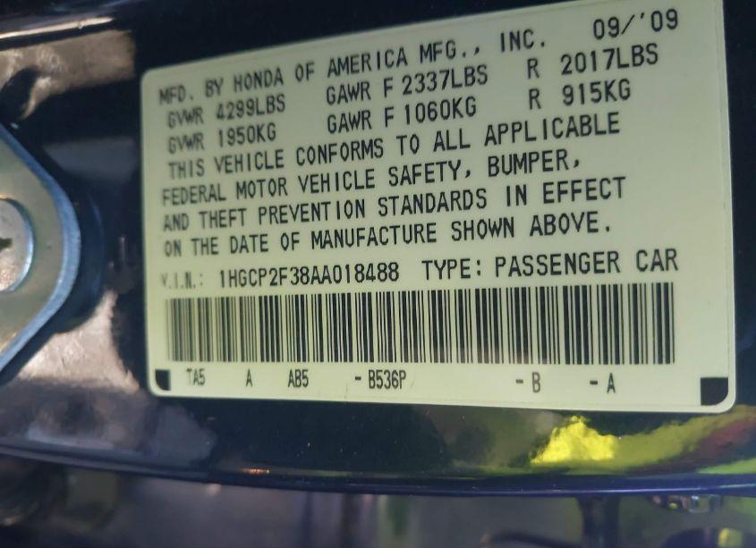 Photo 9 of 2010 Honda Accord 2.4 LX (VIN 1HGCP2F38AA018488)