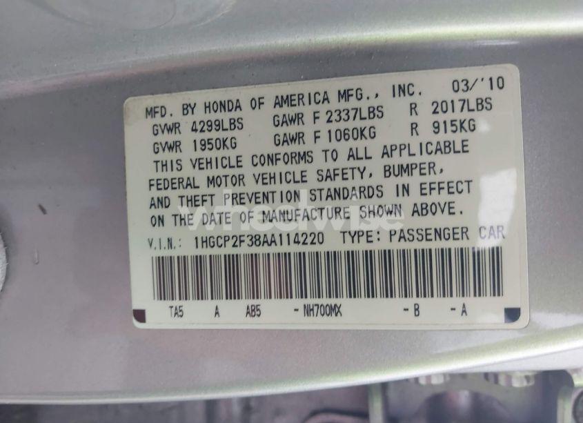 Photo 9 of 2010 Honda Accord 2.4 LX (VIN 1HGCP2F38AA114220)