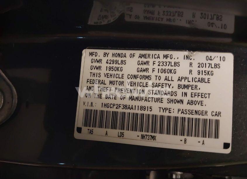 Photo 9 of 2010 Honda Accord 2.4 LX (VIN 1HGCP2F38AA118915)