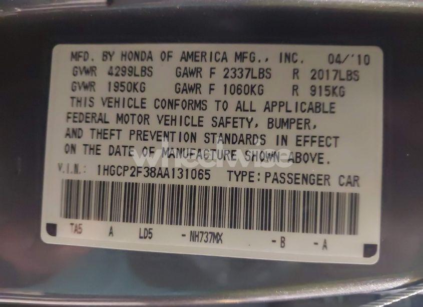 Photo 9 of 2010 Honda Accord 2.4 LX (VIN 1HGCP2F38AA131065)