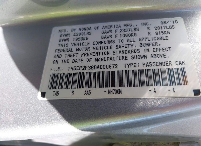 Photo 9 of 2011 Honda Accord 2.4 LX (VIN 1HGCP2F38BA000672)